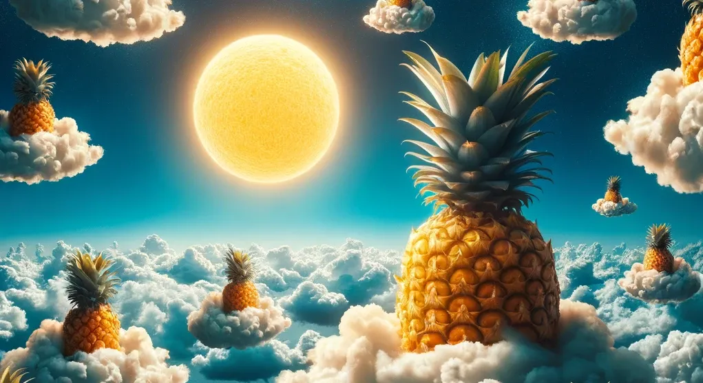 Pineapples floating on clouds under a glowing sun